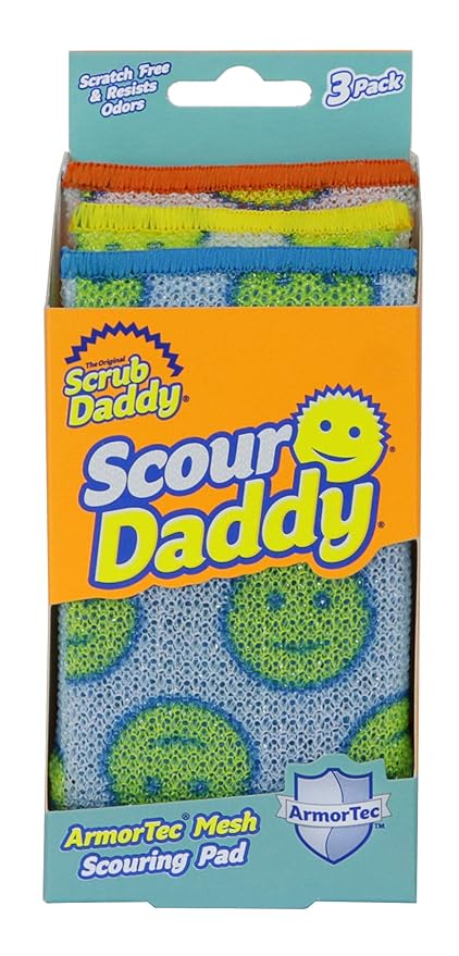 Scrub Daddy Scour Daddy - Multisurface Scouring Pad, Absorbent, Durable, FlexTexture Sponge, Soft in Warm Water, Firm in Cold, Scratch Free, Odor Resistant, Easy to Clean 3ct (Pack of 1)