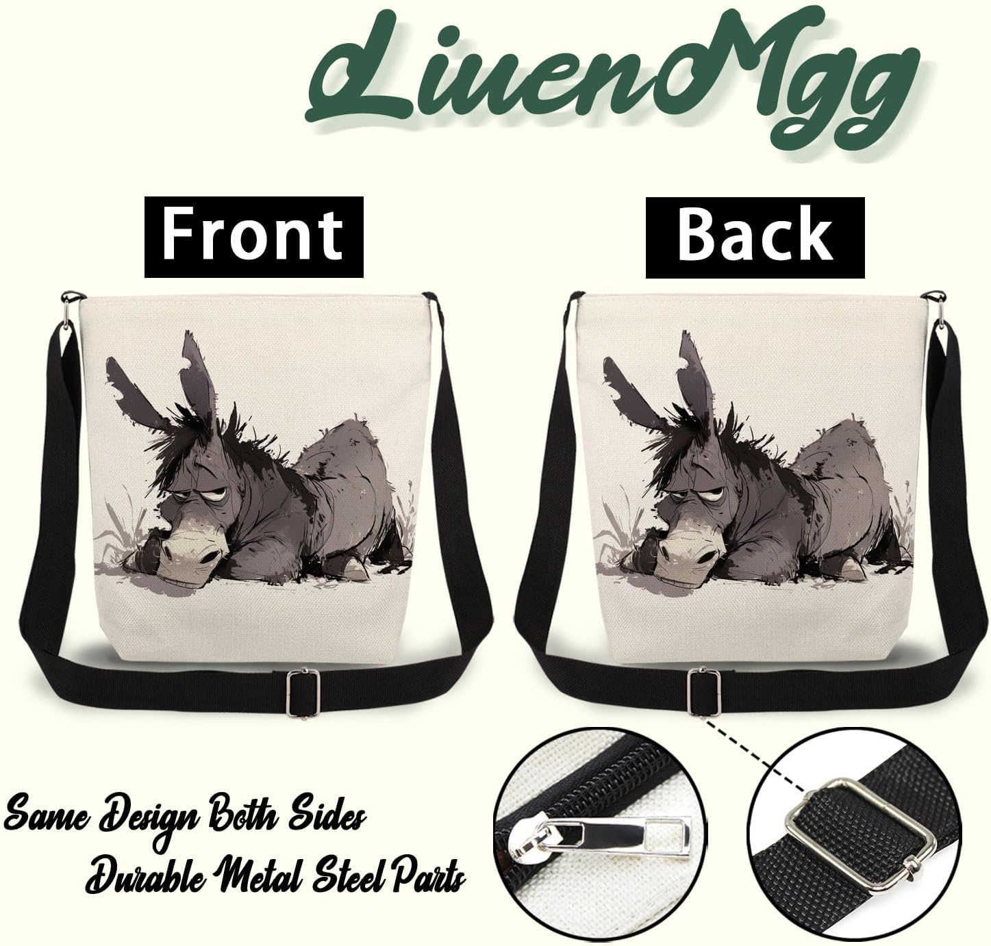 Funny Donkey Print Canvas Crossbody Bag, Adjustable Strap Lightweight Purse with Top Zipper & Inner Pocket, Daily Shoulder Bag Gift for Women -2 - Image 5