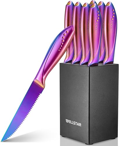 Miniatura 10 de WELLSTAR Rainbow - Juego de 7 cuchillos de cocina de acero inoxidable de alto carbono iridiscentes alemanes con bloque universal de cuchillos, Juego