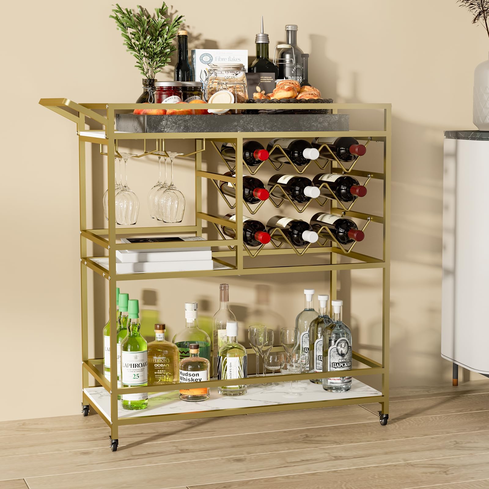 3 Tier Mobile Drinks Trolley Bar Serving Cart on Wheels with Wine Rack and Glass Holder Modern Rolling Drinks Storage Trolley for Home Kitchen Party Bar (Gold)