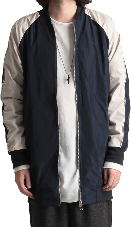 Amazon カラー切替 デザイン サテン ロング丈 スカジャン Ma 1 ブルゾン ノーカラージャケット 長袖 メンズ ストリートモード カジュアル ネイビー Lサイズ コート ジャケット 通販