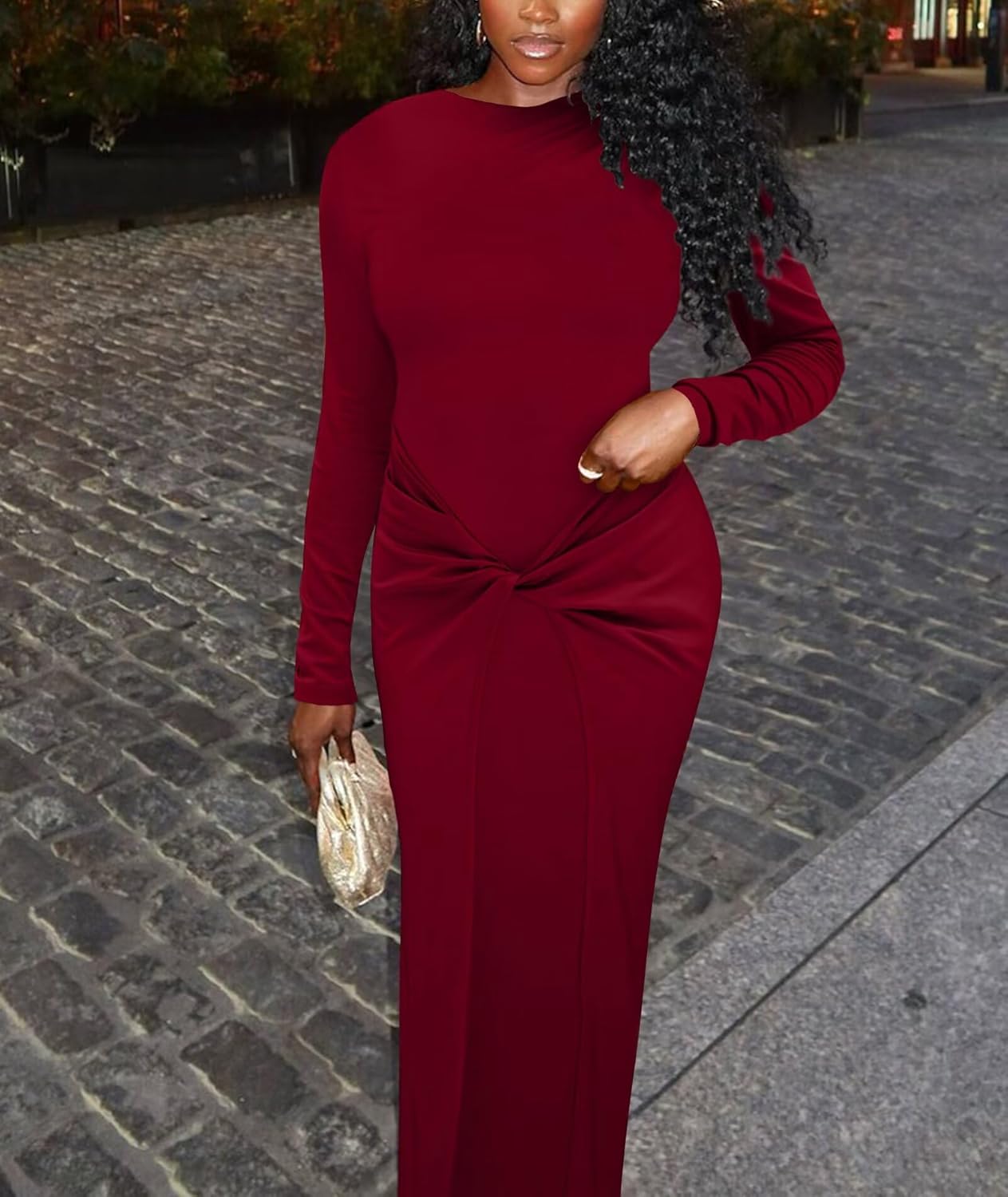 Mojessy Women Bodycon Maxi Dress Sexy Mock Neck Ruched Long Sleeve Long Dress Cocktail Party Dresses - Image 5