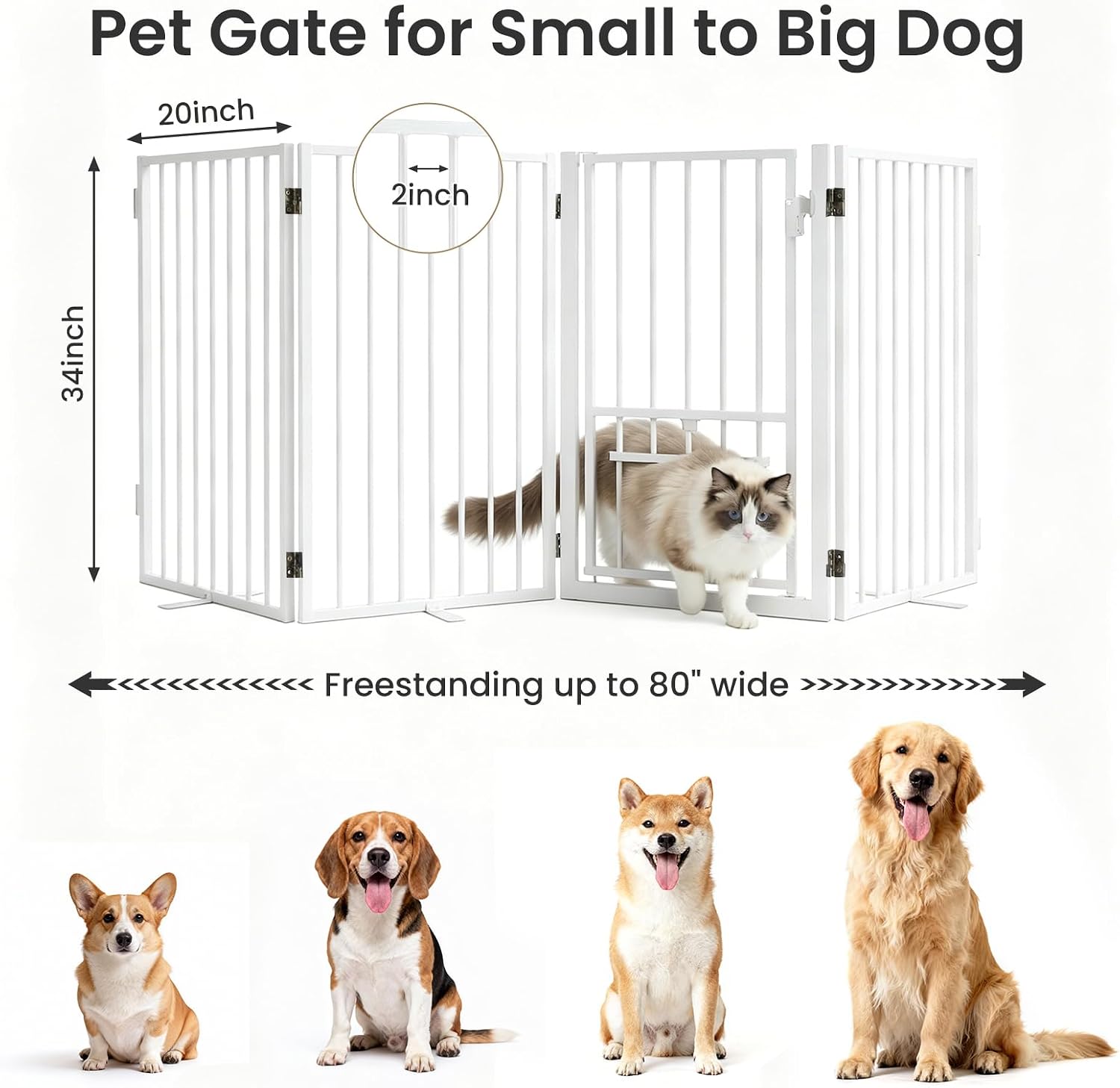 Full Metal Freestanding Dog Gate with Cat Door for Outdoor & Indoor,34" Tall Foldable Pet Fence,80" Extra Wide Free Standing Dog Gate for RV Camping,Stairs,Hallways,Doorways,Deck,Yard (4 Panels,White)