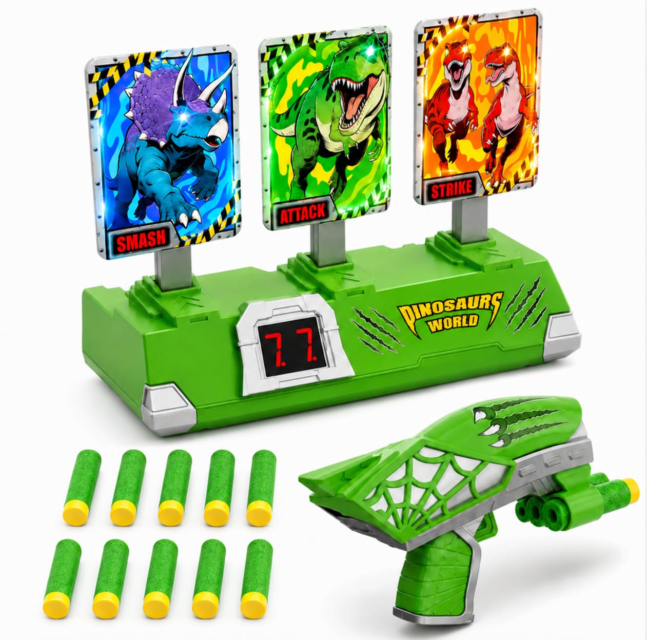 Dinosaur Shooting Game for Boys Age 3 4 5 6 7 8 9 10 11 12, Light-Up Auto Reset Targets with LCD Score, Toy Blaster & 10 Soft Foam Darts, Indoor Outdoor Family Game, Christmas Birthday Gifts for Kids