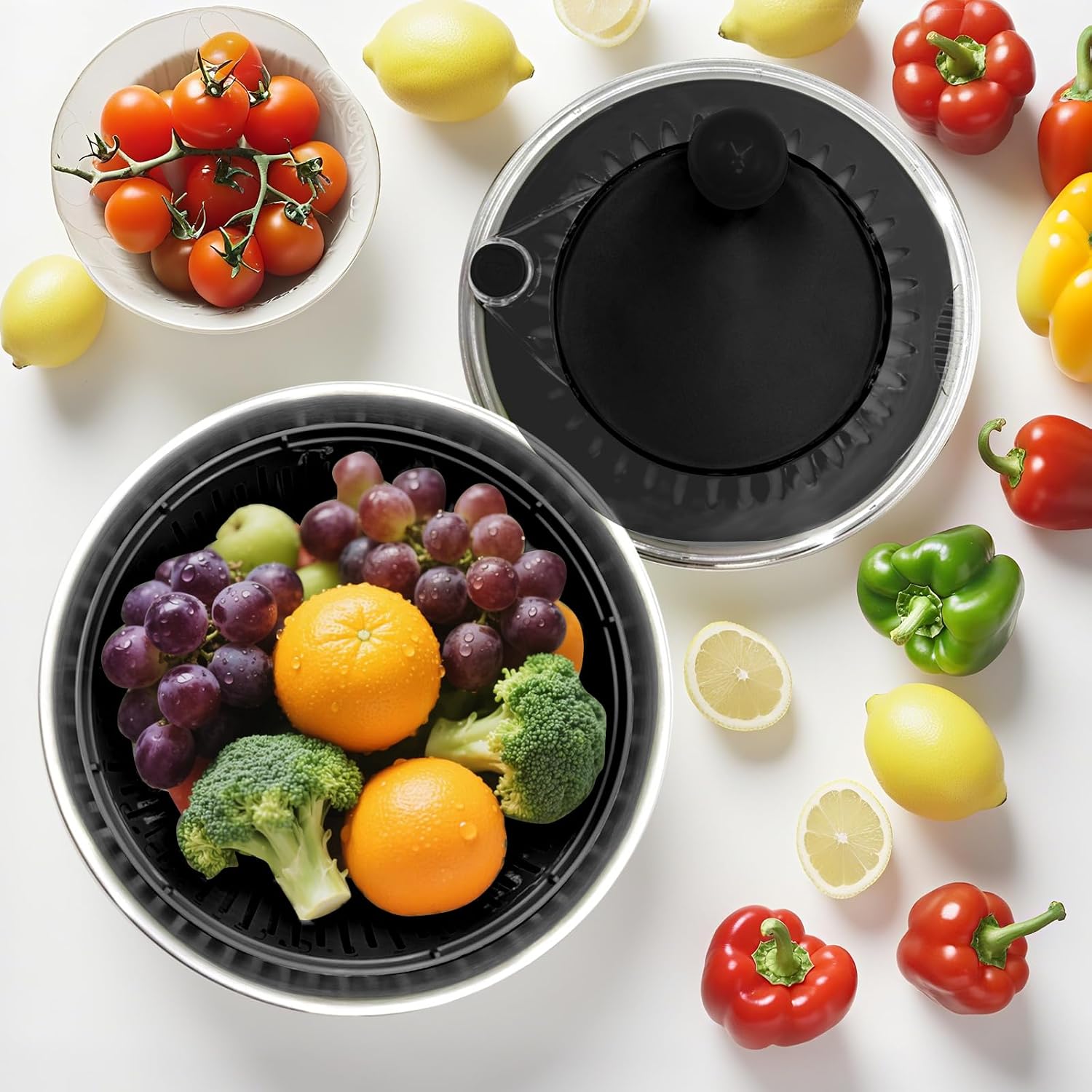 5.3Qt Stainless Steel Salad Spinner,Drain, Stop Button,Quick Dry Black