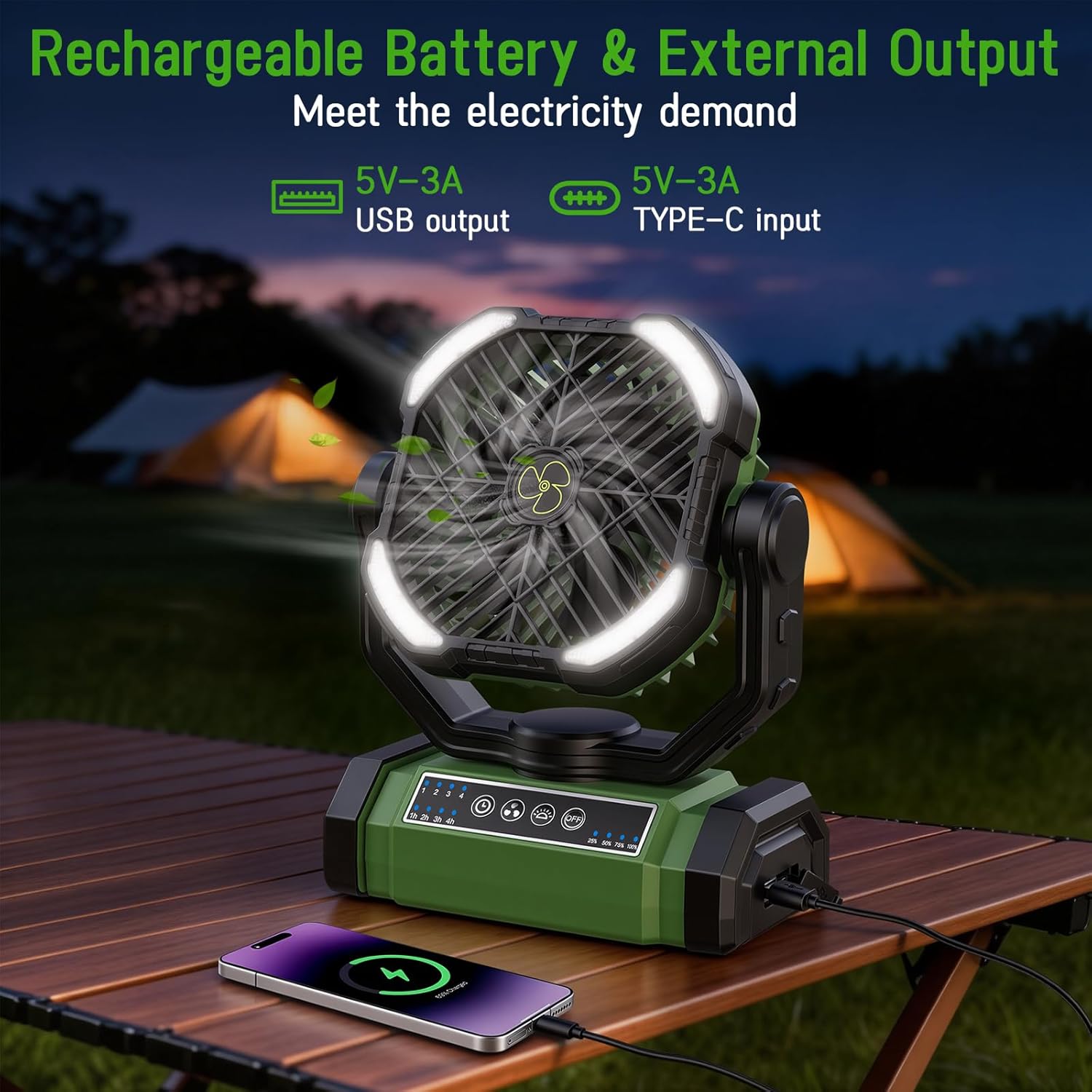 Camping Fan Rechargeable, 270°Rotation Battery Powered Fans, Rechargeable Fan Portable with LED Light, 4-Speed Cordless Battery Operated Fans with Hanging Hook for Camping Tent Beach Outdoor - Green