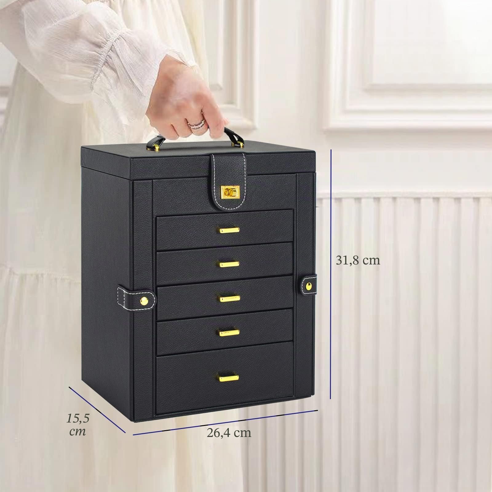AKOZLIN Organizador de joyas de cuero grande con espejo grande para mujeres y niñas