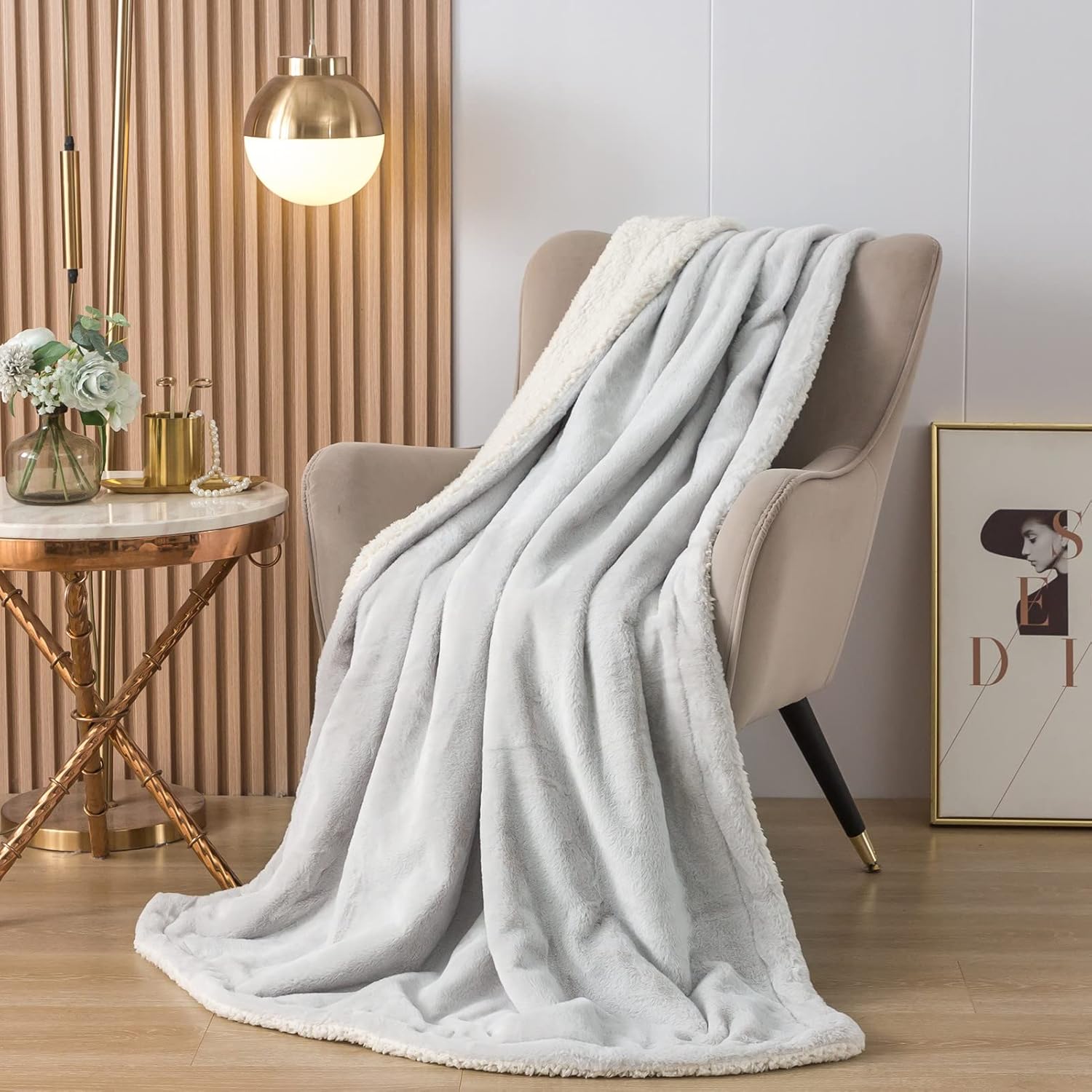 COTTEBED Warm Sherpa Flannel Bedding Throw Blankets for Twin Bed,Reversible Ultra Plush 580GSM,Soft Comfy Fluffy,Winter Fleece Blanket Chair Sofa Couch Living Room (Light Grey,66"x90")