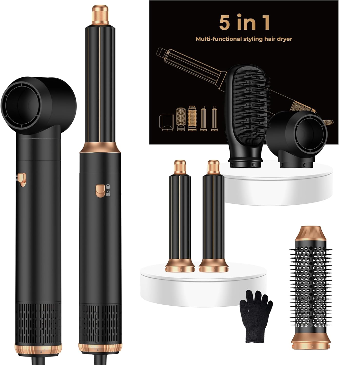 5 in 1 hair dryer brush set,professional negative ionic hot air styler, air curling wrap styler,detachable blow dryer brush with auto wrap curlers,hair styling tools for straight/curl/drying/smoothing black gold
