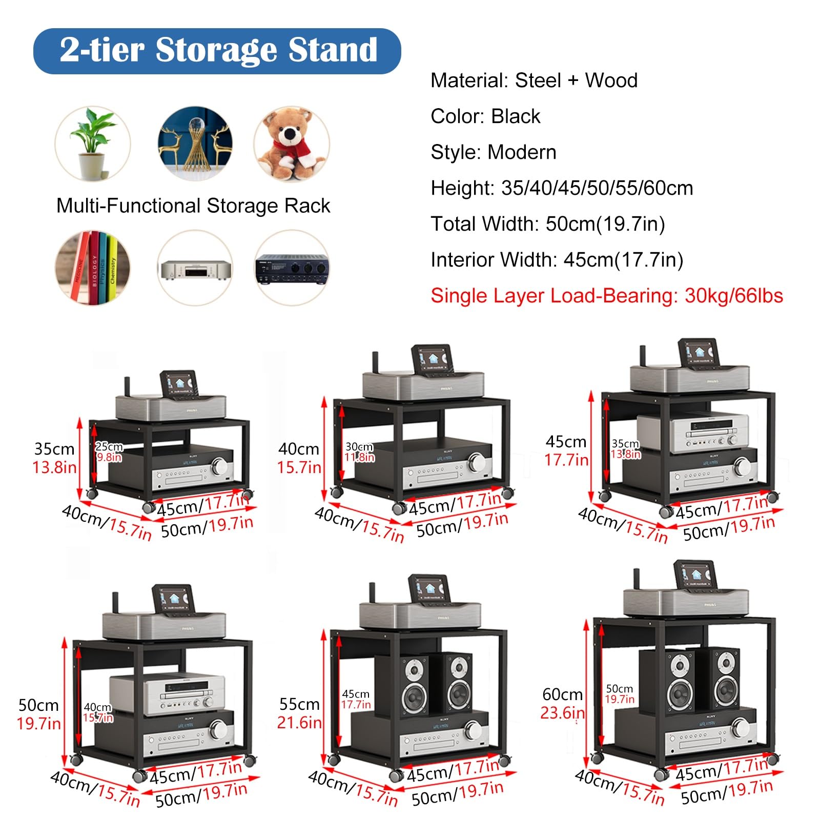 Supporto per espositore per CD e Dvd a 2 Livelli, mobiletto Audio/Video Portatile con Ruote per Cinema, Bar, Centro di intrattenimento angolare (Altezza 55 cm/21,6 Pollici)