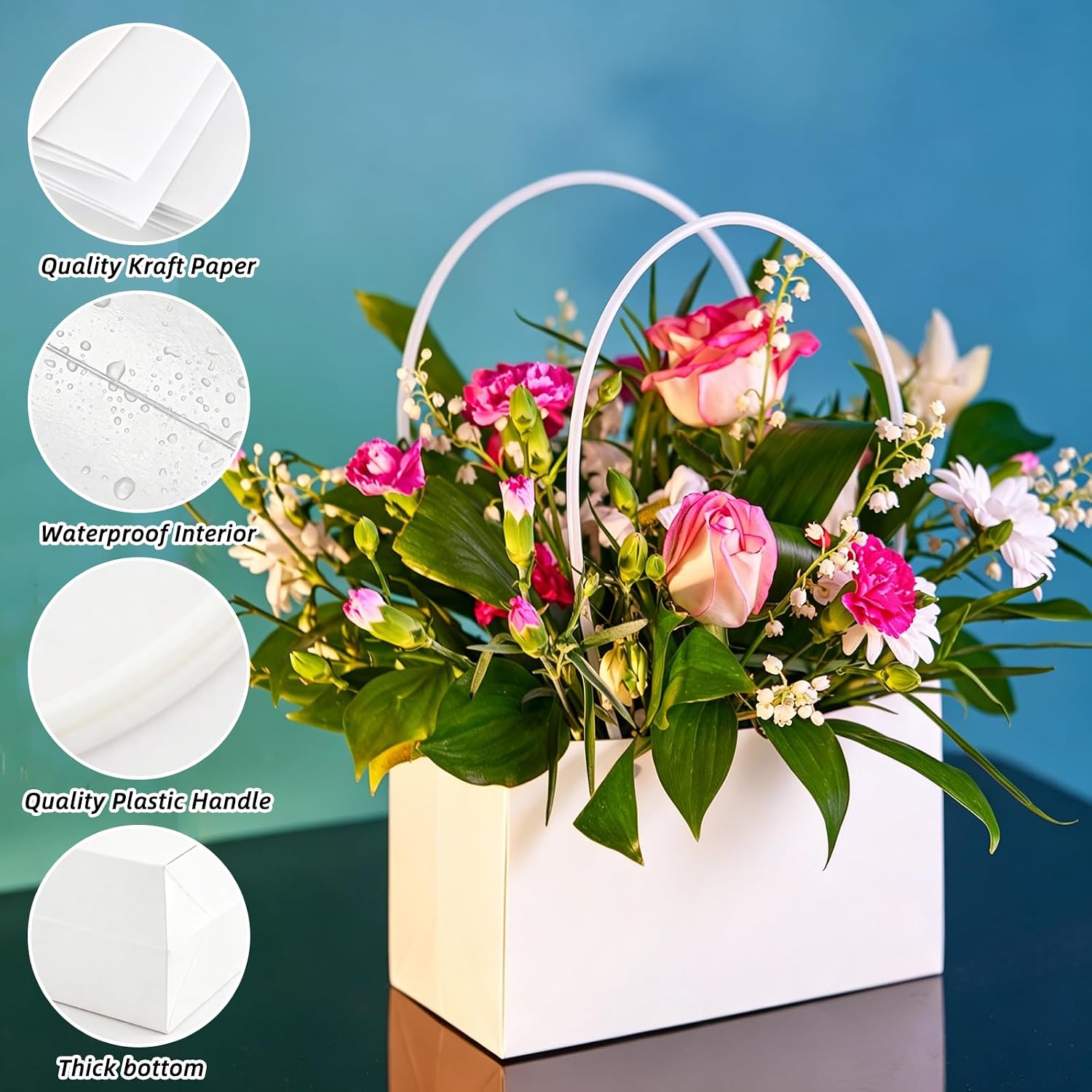 16 Pcs Flower Gift Bags Floral Boxes for Arrangements Waterproof Paper Bouquets Box with Handles Florist Supplies for Mother's Day Graduation Wedding Valentine's Birthday(White) image 3