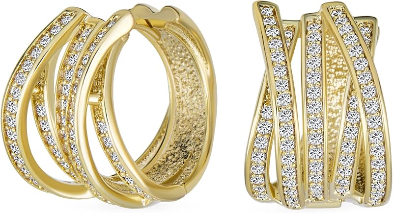 Elegant Micro Pave CZ Criss Cross Huggie Hoop Earrings Silver Gold Plated