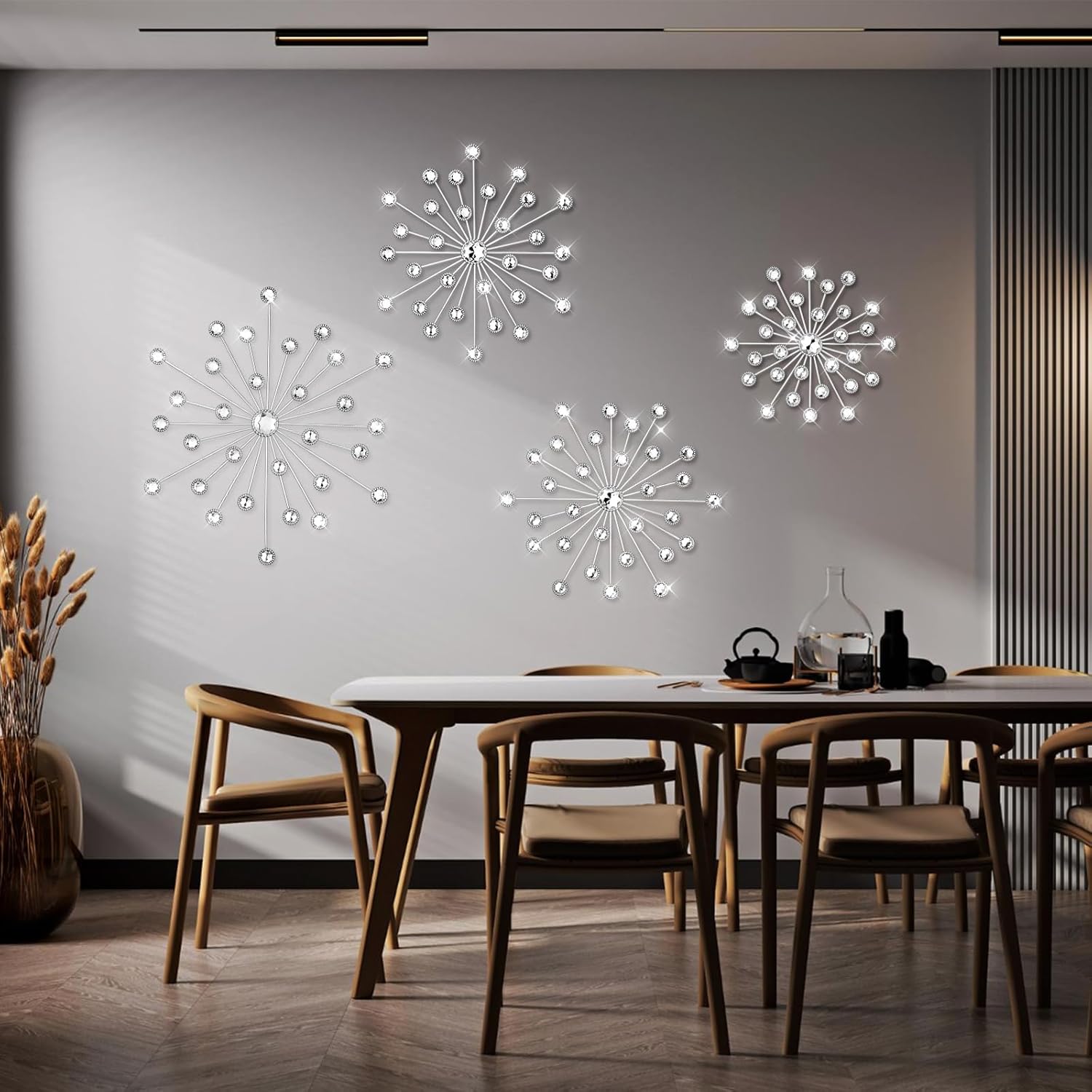 Limbeuuu 4 Pcs Metal Wall Decor Bling Crystal Wall Art Cast Iron Rhinestones Sunburst Decor Starburst Art Hanging Diamond Accents Home Decorative for Living Room Bedroom Entryway(Silver) - Image 4