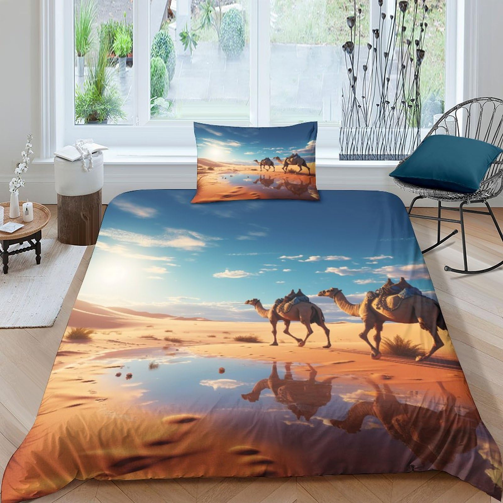 Housse de couette chameau 3D parure de lit microfibre 135x200 taie d'oreiller faune flore