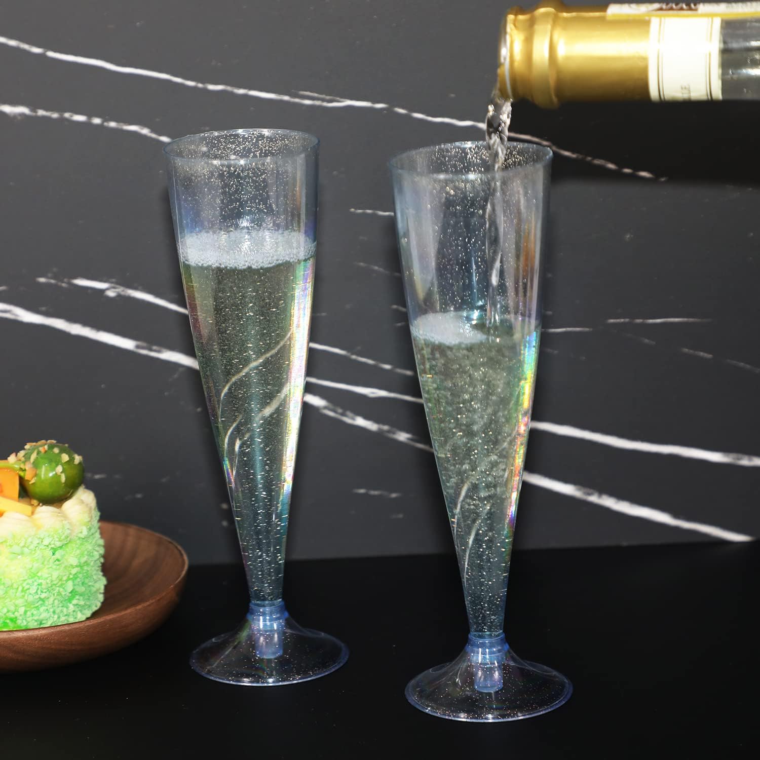 Homy Feel Blue Glitter Plastic Blue Wine Glasses 30 Pack,5 OZ Champagne Flutes Disposable for Party,Plastic Champagne Flutes,Mimosa Bar Glasse for New Years Eve Party Supplies 2024