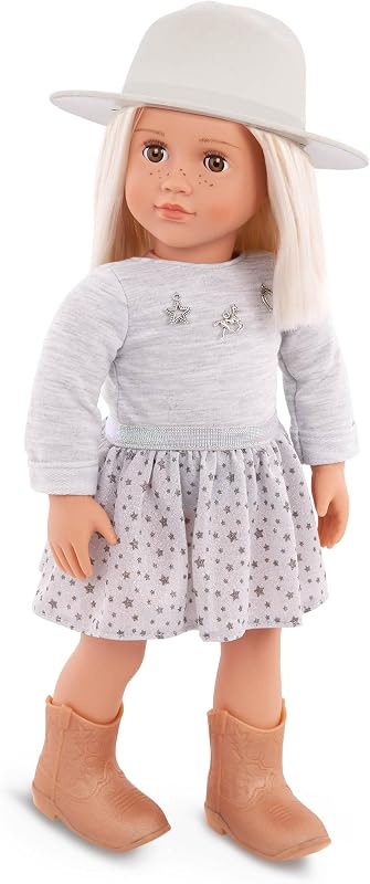 Muñeca de moda de 18 pulgadas – Ojos color avellana realistas y cabello largo rubio platino – Colgantes para suéter ecuestre y sombrero de ala – Juego de simulación – Juguetes para niños de 3 años en adelante – Abigale