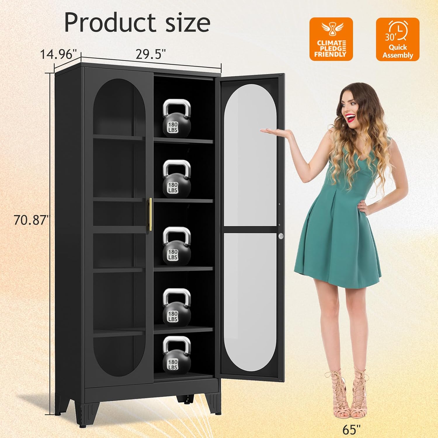 GAIOUS 71" Tall Display Cabinet with Glass Door, 5 Tier Metal Curio Cabinet with 4 Adjustable Shelves, Locking Glass Display Case for Collectibles, Showcase Storage Cabinets for Showroom Clinic, Black