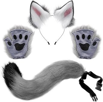 Wolf Fox Costume, Wolf Fox Tail Clip Ears and Gloves Set Halloween Costume Accessories Party Supplies Halloween Christmas Party Costume for Women,Grey