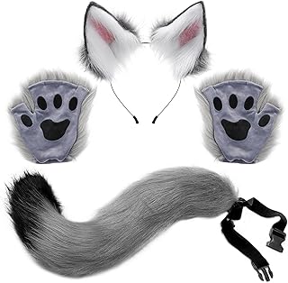 Sponsored Ad - Odowalker Wolf Fox Costume, Wolf Fox Tail Clip Ears and Gloves Set Halloween Costume Accessories Party Supp...