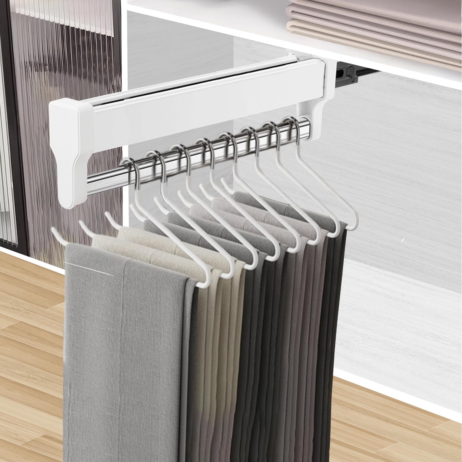 Pull Out Closet Valet Rod, Adjustable Sliding Heavy Duty Steel Top Mounted Clothes Storage Hanger Rail for Closet Wardrobe (397mm/15.6inch)