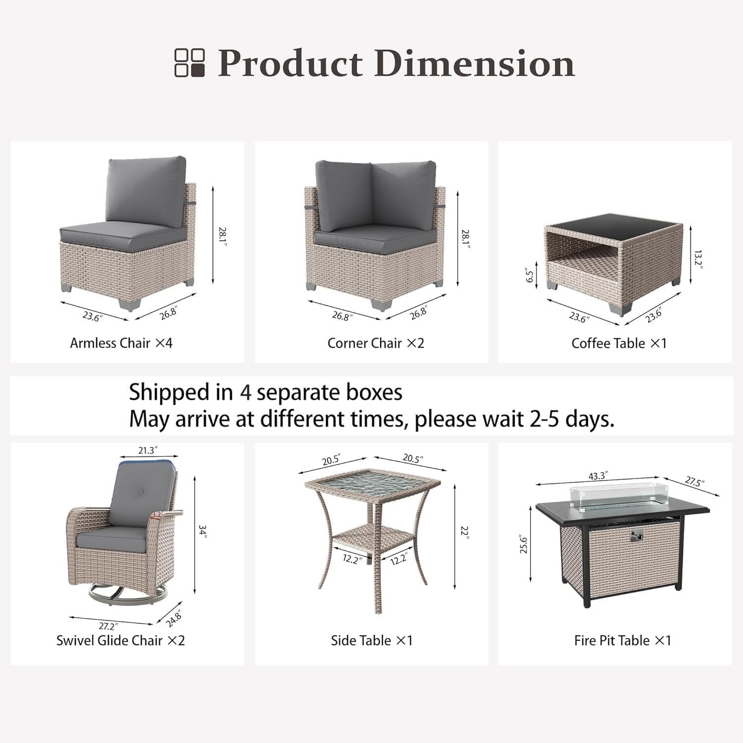 11 Pieces Patio Furniture Set with Fire Pit Table, Outdoor Sectional Wicker Sofa with Thick Cushions, High Back Swivel Rocker Patio Chairs, Rattan Conversation Set with Coffee Table, Grey