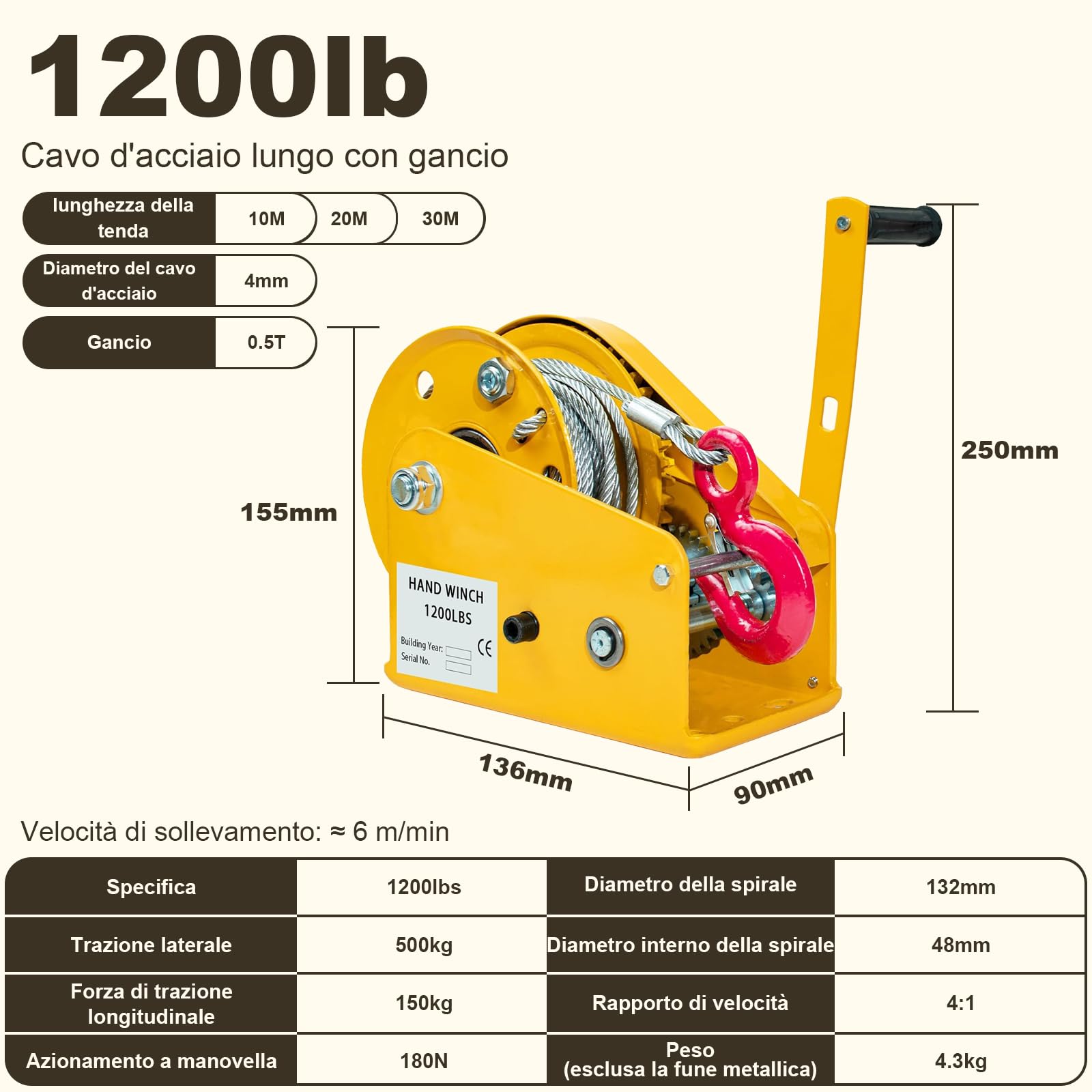 Verricello Manuale Portatile 500-1100kg, Freno Automatico Autobloccaggio, Fune Metallica con Gancio Sicurezza, per Imbarcazioni, Rimorchi, Sollevamento(10m,1200lbs)