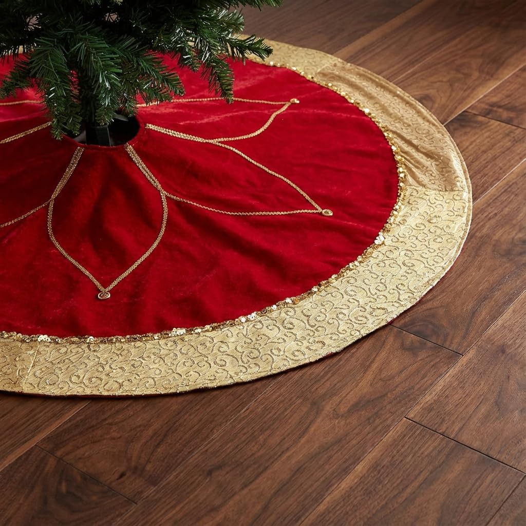 Valery Madelyn Christmas Tree Skirt for Tree Decorations, 48 Inch Fabric Luxury Red Gold Large Xmas Velvet Tree Skirt with Embroidery Flower & Golden Baroque Border Tree Merry Christmas Party Decor