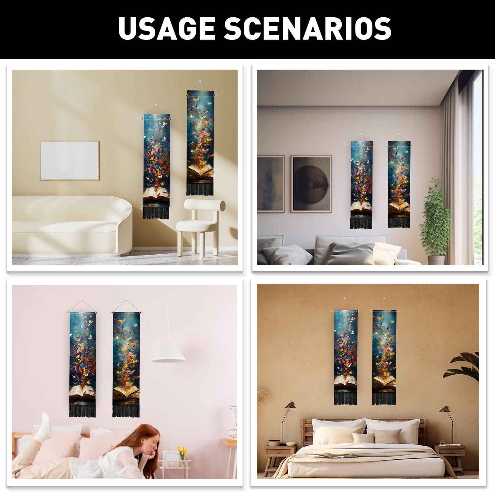 PLIGREAT Confezione da 2 arazzi colorati da parete a forma di libro con farfalle, creativo, lungo, verticale, da appendere alla parete, con nappe, per camera da letto, soggiorno, amanti dei libri