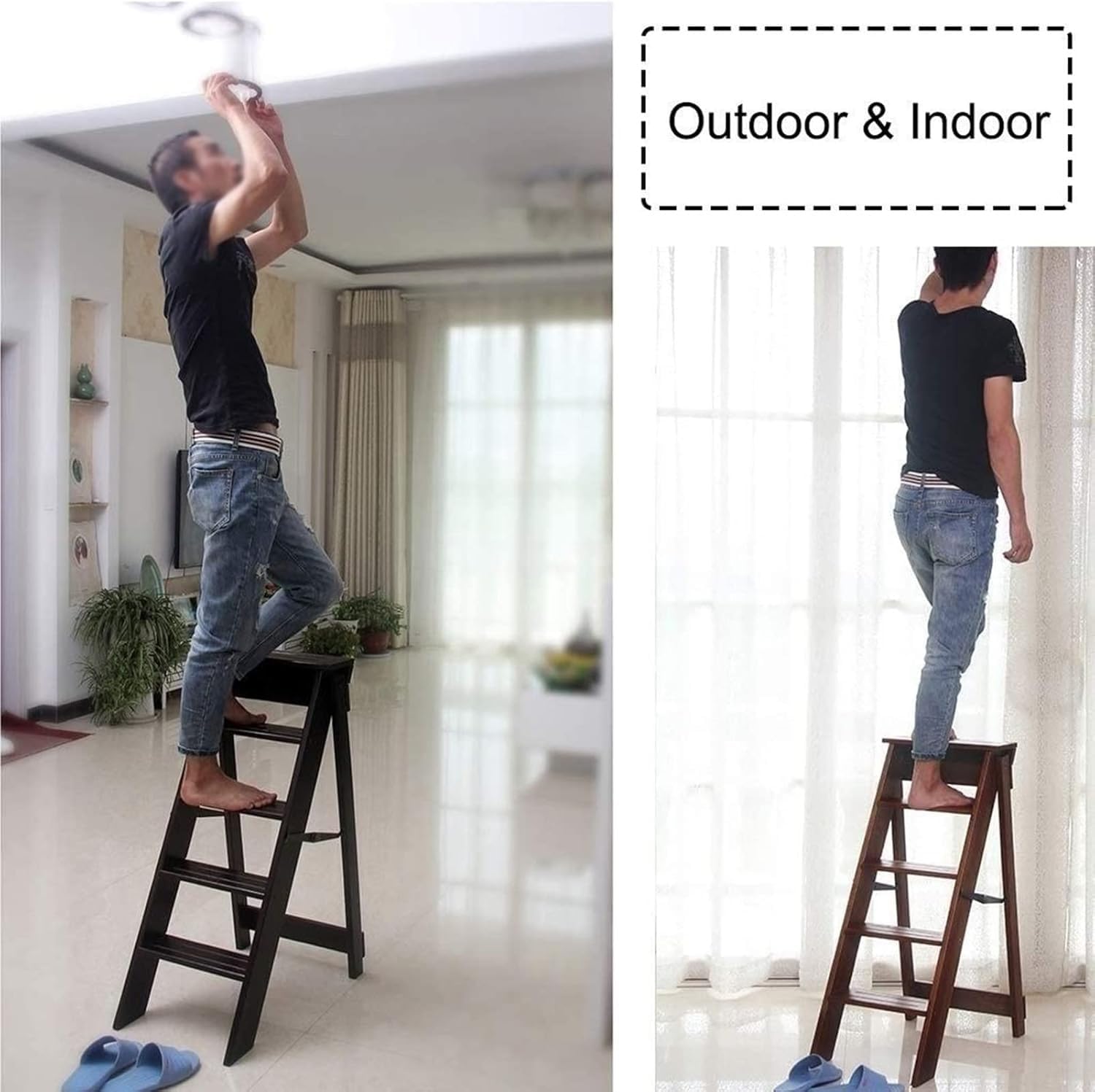 Wooden Folding 5 Step Stool Ladder Chair Portable Multifunctional Library Steps for Bookshelf Display