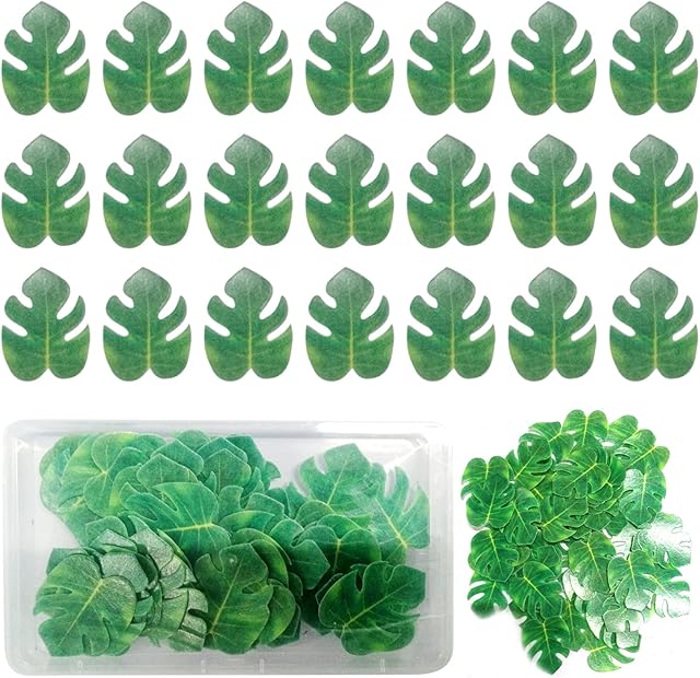 VEGCOO 48 PCS Edible Tropical Leaves Cupcake Toppers, Turtle Leaves Cake Decorations Jungle Cake Toppers with Storage Box for Family Cupcake Wedding Cake Birthday Party Food Decoration