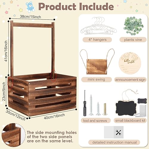 Miniatura 2 de Armario de madera para baby shower con asa y guirnalda, cestas de bebé de gran capacidad para baby shower, cesta de fácil montaje para bienvenida de