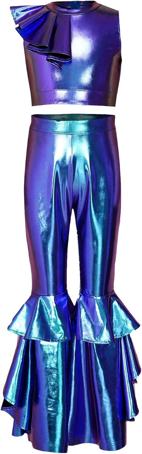 Shinsto Girls Glossy Disco Pants and Top Stage Performance Outfit Gathering Retro Classic Separate Stage Set