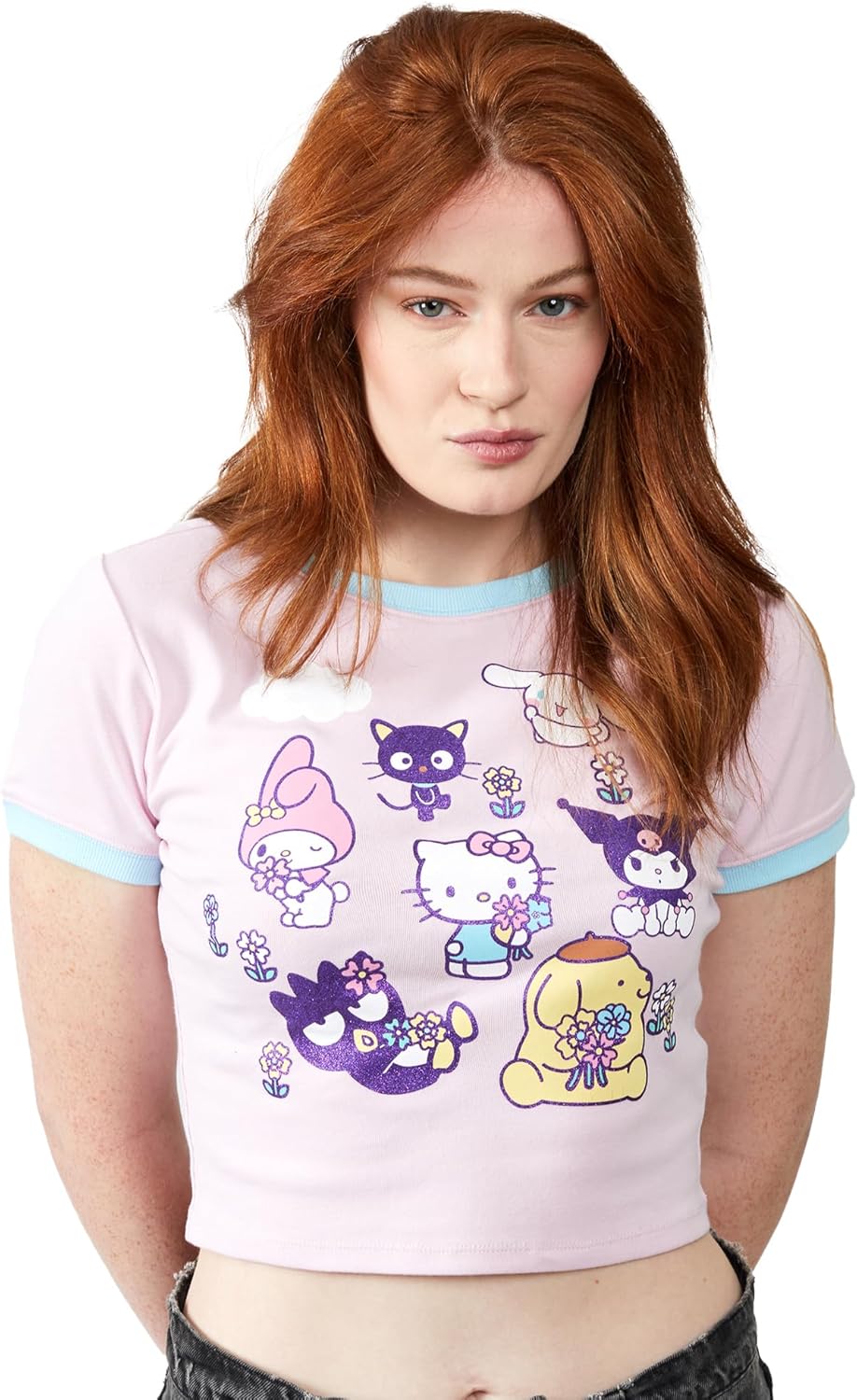 Hello Kitty & Friends Smell The Flowers Glitter Print Crew Neck Short Sleeve Pink Women's Crop TopTee - Image 2