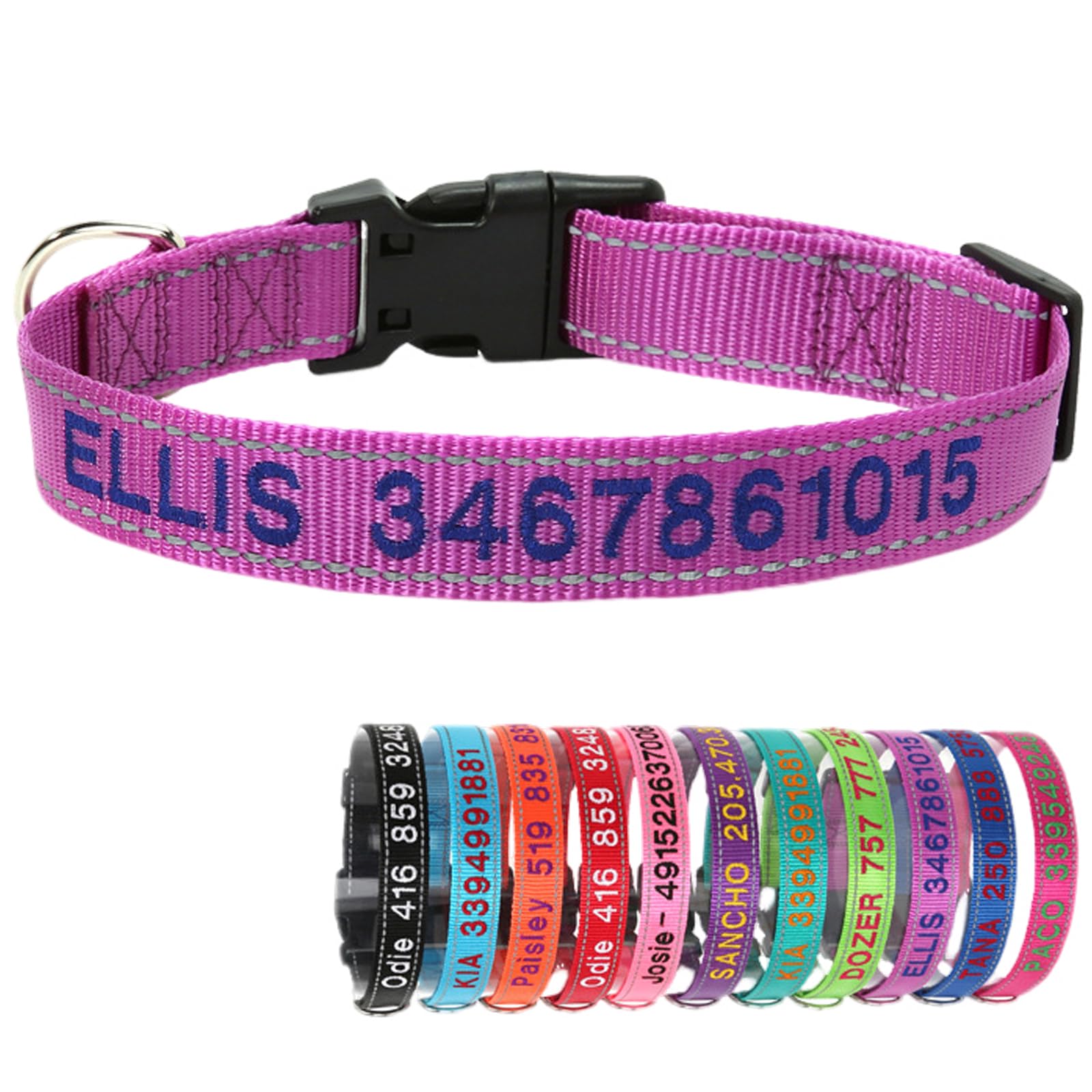 Yonsbox Purple Reflective Custom Personalised Dog Collar Embroidered with Name Phone Number Quick Release Buckle for Boy Girl Small Medium Large Dogs