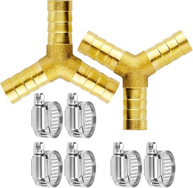 Da by Brass Tee Barb Fittings for 2 pcs 3/8"(10mm) ID Hose,6 pcs Stainless Steel Pipe Clamps,3 Way Union Intersection for Water/Fuel/Air
