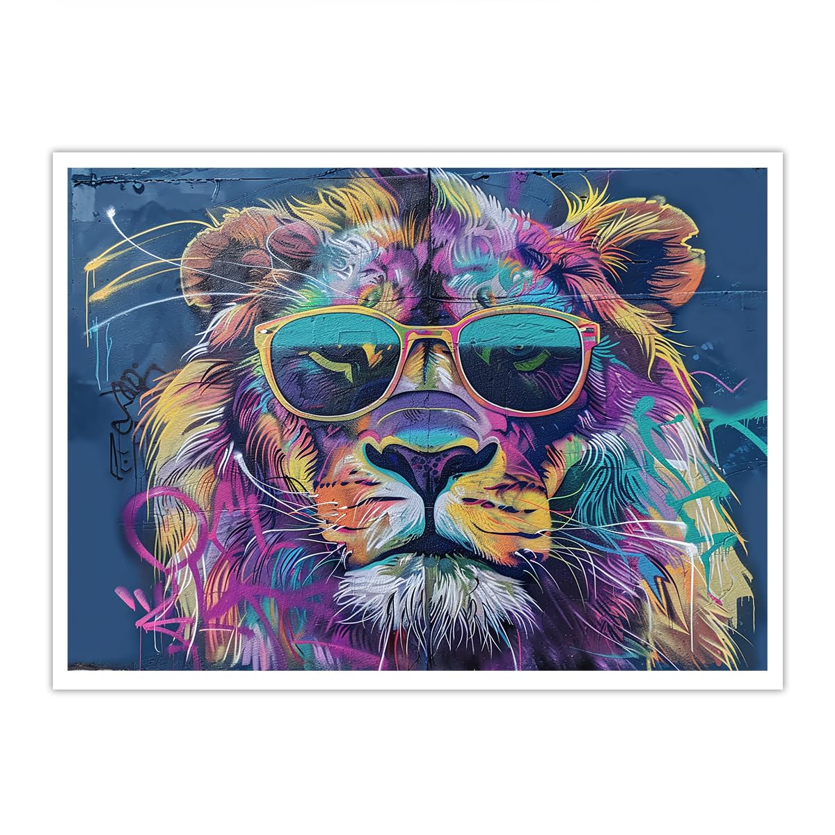 OSHIONARTE Lion Canvas Posters and Prints Colorful Lion Wearing Sunglasses Prints Abstract Wildlife Paintings for Room Nursery Wall Decor 30x40cm Frameless
