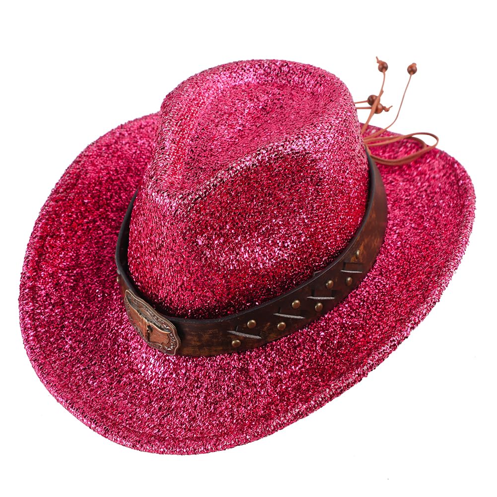 XGOPTS Sparkly Cowboy Hat for Women Men, Glitter Disco Cowgirl Hat Western Fancy Dress Accessory Wide Brim Dance Party Headwear for Halloween Cosplay Birthday Carnival Festival Pink