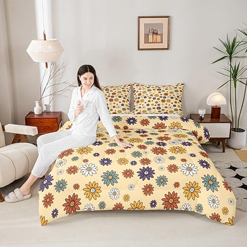 Miniatura 4 de Juego de ropa de cama floral tamaño individual, juego de edredón de flores coloridas para niñas y niños, edredón retro de dibujos animados de flores