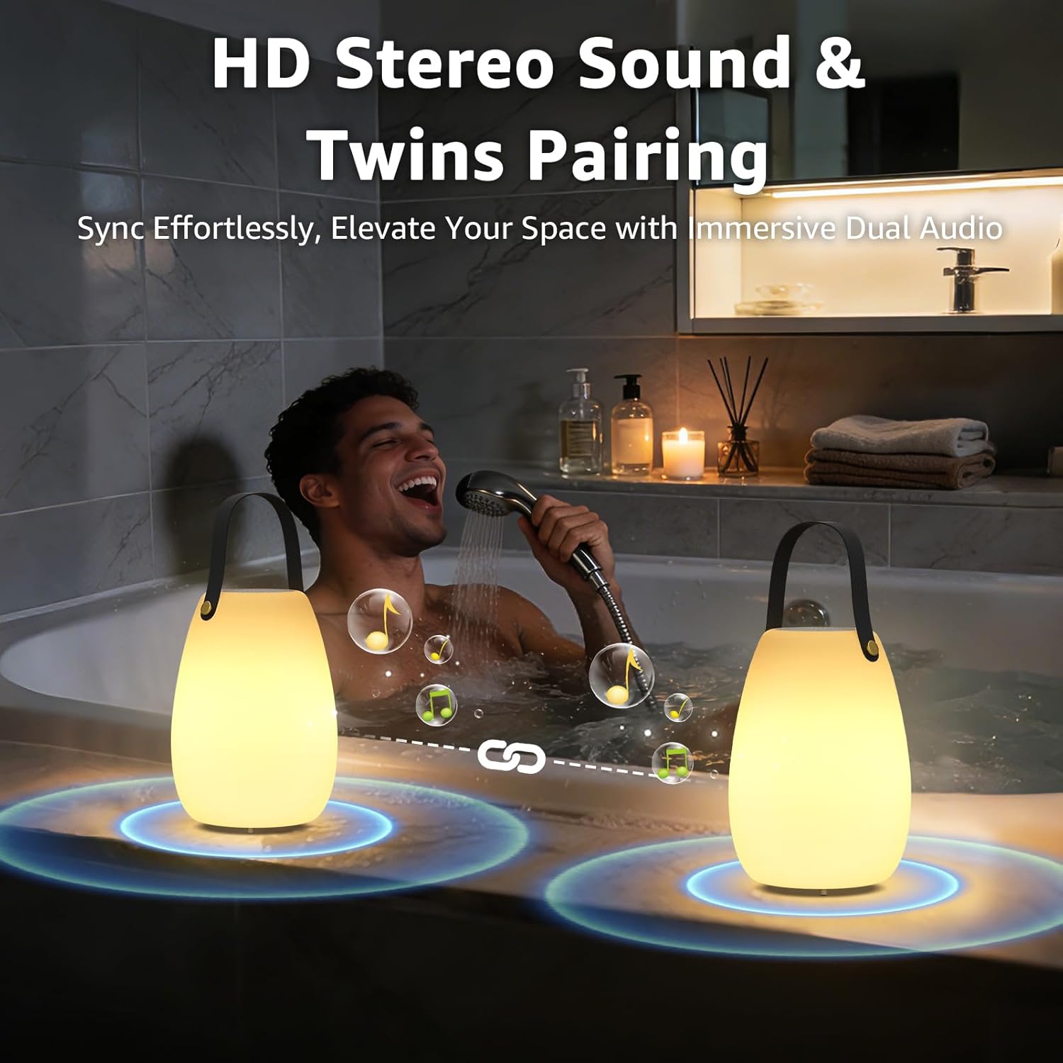 FUYO 2 Pack Shower Lamp with Speaker 8 Colors with Remote, Shower Lights Waterproof, Outdoor Speakers Bluetooth HD Stereo Sound for Indoor Outdoor Bathroom Party Pool Patio (2PCS-Tally)