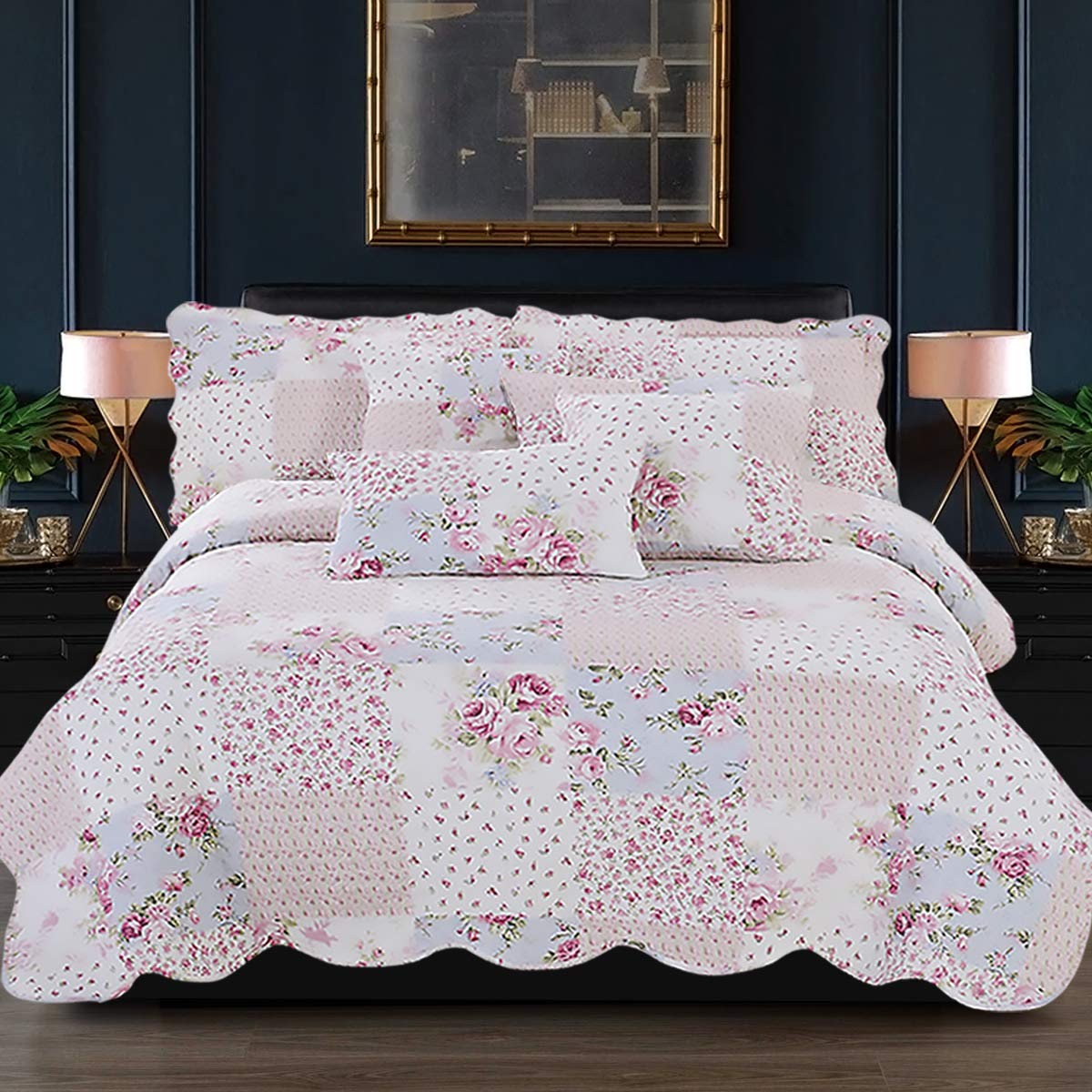 B&B Quilted Bedspread Bedding Sets for Girls - Cotton Patchwork Bedspread Throw For Sofa Bed - Decorative Vintage Box Pattern Quilt Comforter Set (Meadow, Super King Size)