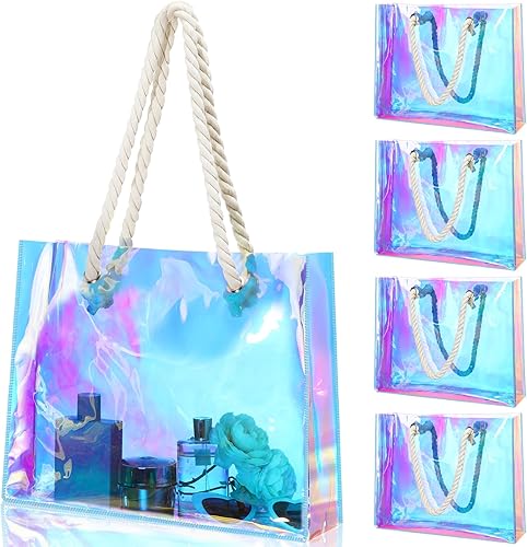 4 bolsas holográficas transparentes de PVC iridiscente con asas de cuerda de 11.8 x 15 x 4 pulgadas, bolsa aprobada para estadios, bolsos