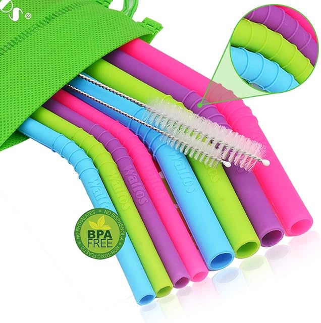 Walfos Reusable Silicone Straws - 2 Size Flexible Drinking Straws for Smoothie, Milkshake, Cocktail and Hot Drinks - 4 Big Straws + 4 Regular Straws BPA Free+ Cleaning Brushes + 1 Storage Pouch