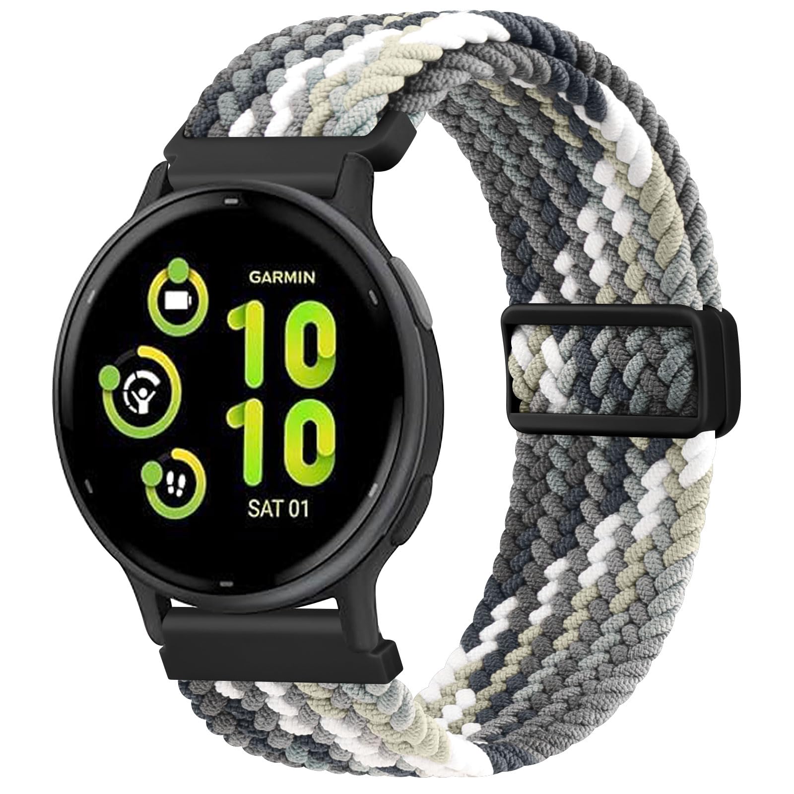 Strectchy Strap for Garmin Vivoactive 5 / Vivoactive 3 Music/Venu Sq/Venu Sq 2 Music/Vivomove Sport/Vivomove Trend, Nylon Sports Replacement Band (Black grey white green)
