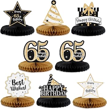 Happy 65th Birthday Decorations,65th Bday Gold Glitter Shiny Stand Honeycomb Table Centerpieces - Cheers to 65 Years Old Birthday Party Photoprop Gift Sign.