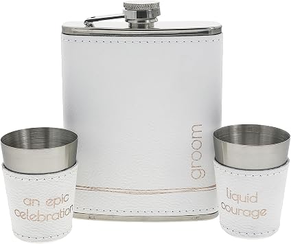 Pavilion Gift Company - Groom - 8-ounce Flask & 2-ounce Shot Glass Set, Engraved Groom Flask, Groom Gift For Wedding Favor, Stainless Steel Hip Flask For Liquor With Shot Glasses, Pack of 3