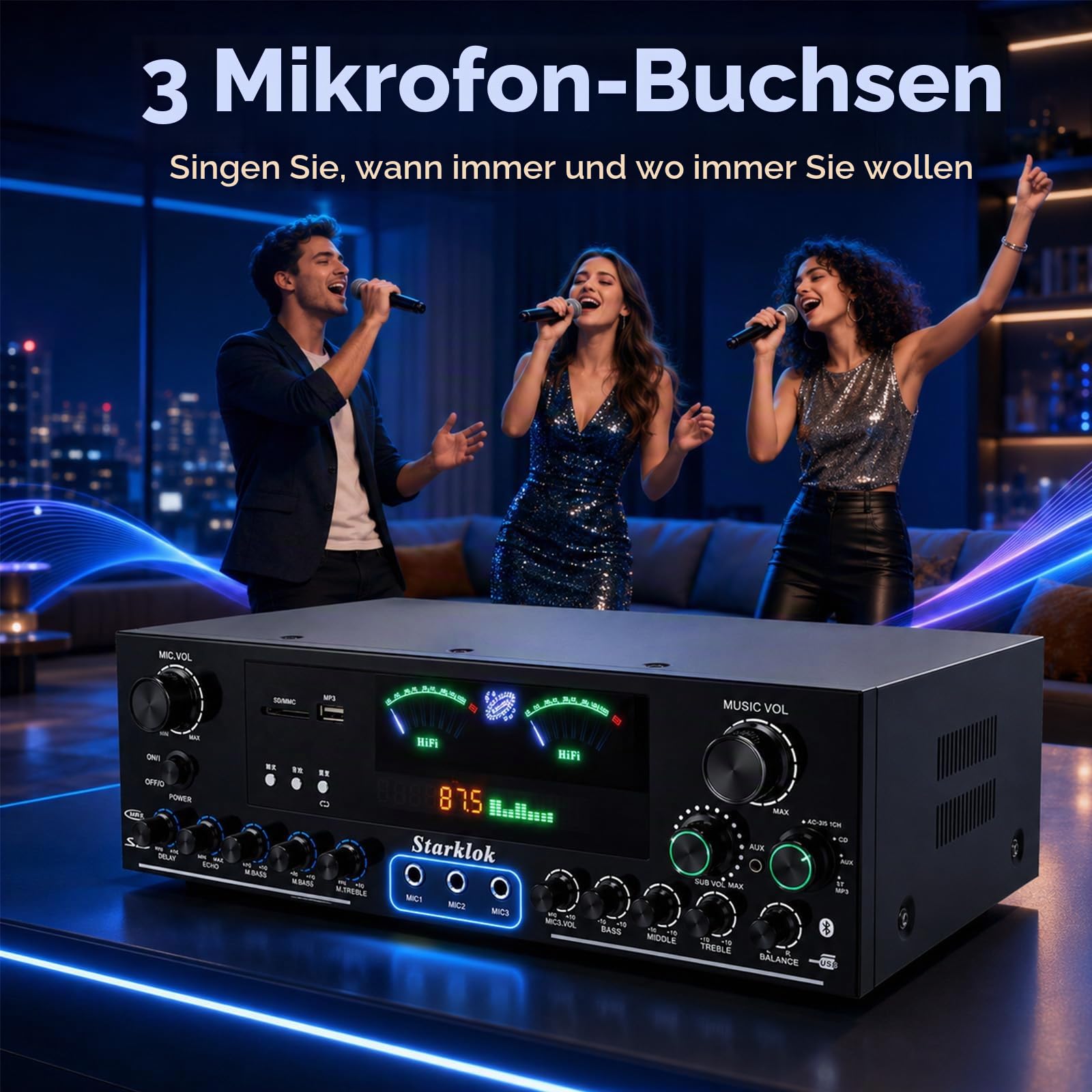 3000W Verstärker HiFi Stereo, 5.1-Channel Stereo Verstärker, 3 Mikrofoneingängen, Bluetooth 5.0, USB/FM/SD LED, App-Steuerung, Cinch, Glasfaser/Koaxial Eingang für Karaoke