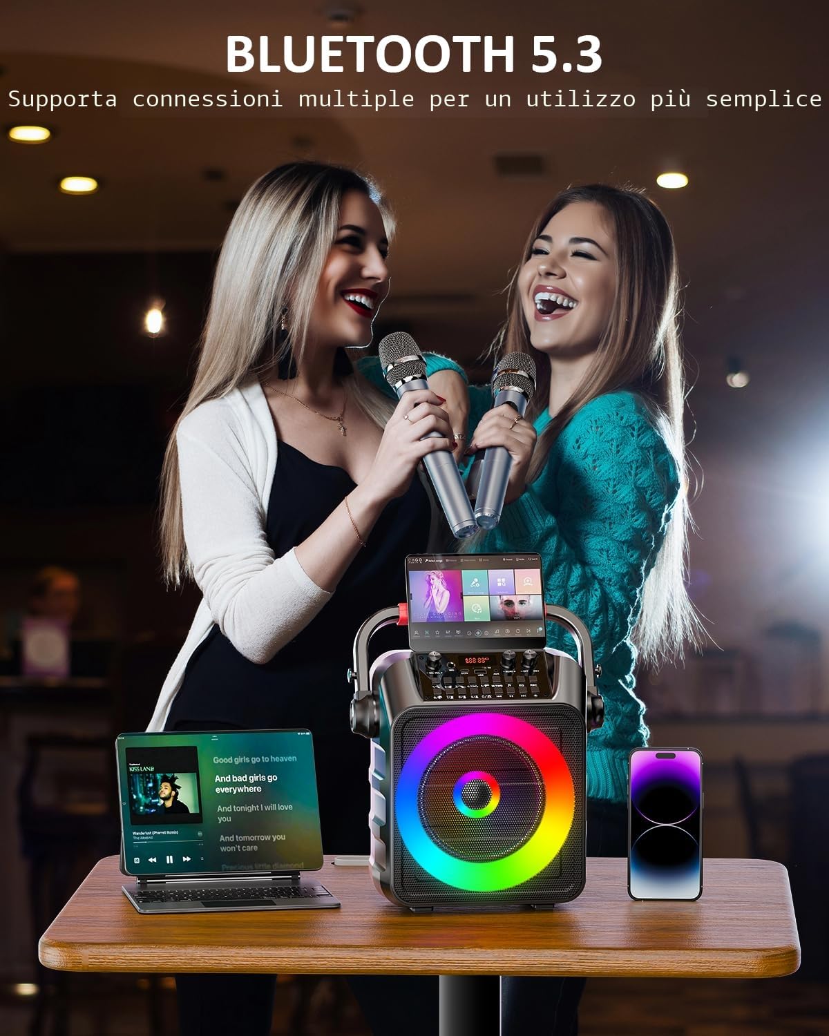 Karaoke con 2 microfono，Cassa Portatile Bluetooth con LED Luci,karaoke professionale completo,Ideale per Home Party e Regalo,Stereo TWS,Supporta USB/TF/AUX