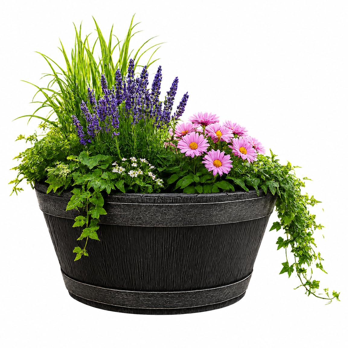 BigDean Weinfass Eichenfass Kunststoff Bottich Blumenkasten Trog Zuber Gartenteich Mini Teich Fass Nachbildung Durchmesser 50 cm Höhe 25 cm ca. 38 Liter