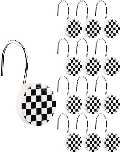 Juego de 12 ganchos de cortina de ducha a cuadros rústicos redondos en blanco y negro, anillos decorativos modernos con ganchos de metal para barra