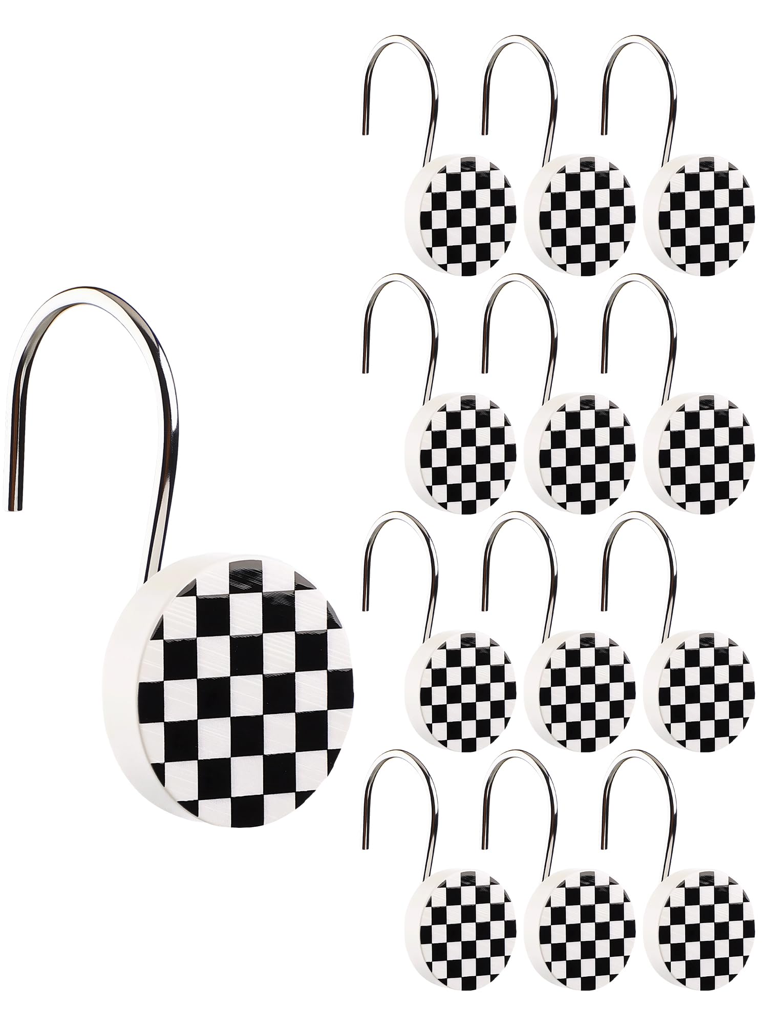 Yalikop Rustic Checkered Shower Curtain Hooks Set of 12 Retro Black and White Round Shower Curtain Rings Modern Decorative Hanger Rings with Metal Hooks for Bathroom Rod and Liner